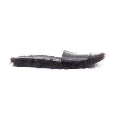 Pre-owned Simone Rocha Black Feather Trimmed Leather Flat Slides Mules Eu38