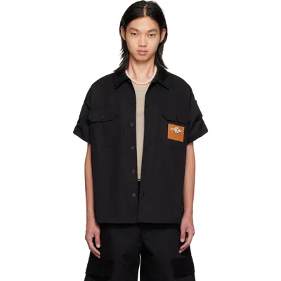 Simone Rocha Mens Military Jewel Leather-patch Cotton Shirt Black Xl