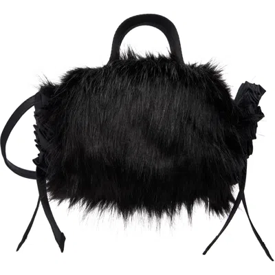 Simone Rocha Black Mini Faux Fur Double Ribbon Rosette Bag In Black/black