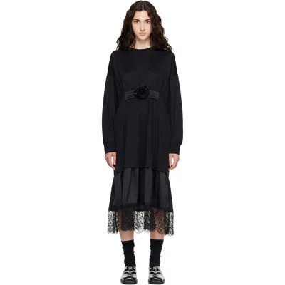 Simone Rocha Black Oversized Gathered Rose Lace Trim Midi Dress