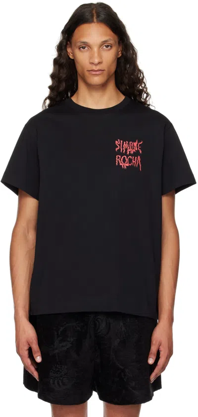 Simone Rocha Black Printed Ribbon Logo T-shirt In Black/red/black