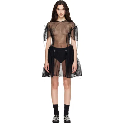Simone Rocha Black Puff Sleeve Cord Hip Minidress In Animal Print