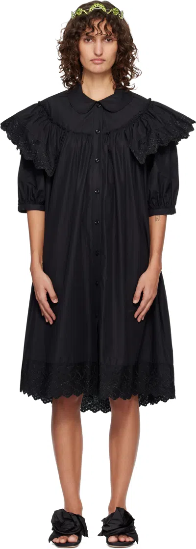 Simone Rocha Black Puff Sleeve Ruffle Frill Trim Shirt Midi Dress