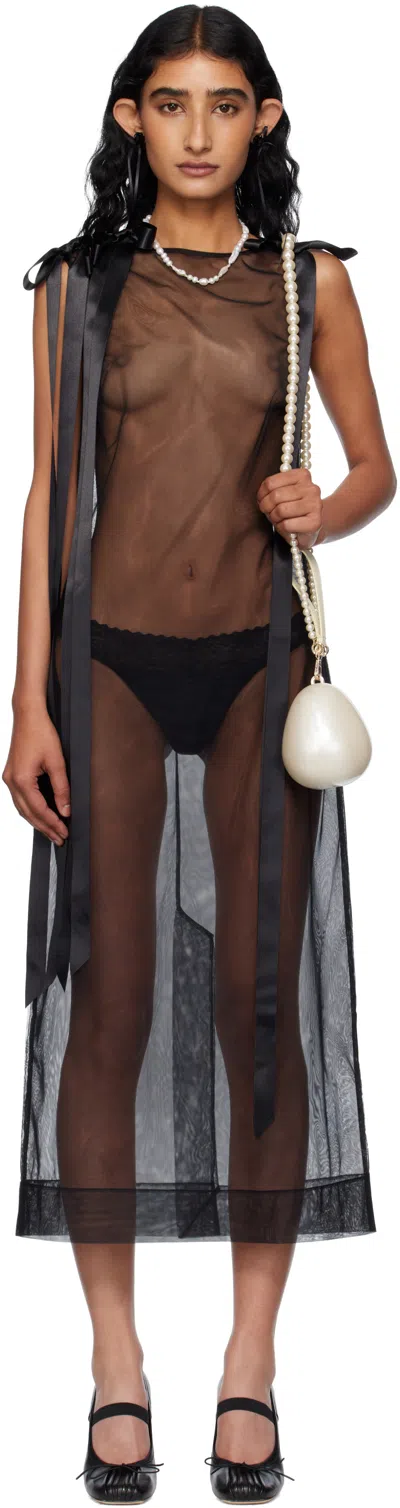 Simone Rocha Black Sheer Bow Ribbon Tail Midi Dress
