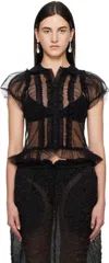 Simone Rocha Black Sheer Puff Sleeve Multi Ruffle Frill Shirt In Black