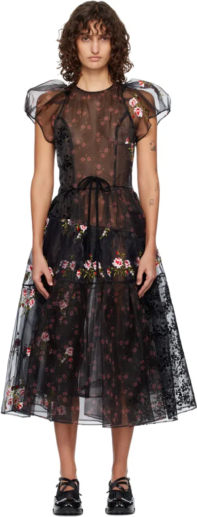 Simone Rocha Black Sheer Puff Sleeve Patchwork Flounce Midi Dress