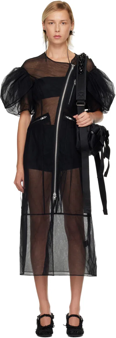 Simone Rocha Black Sheer Sculpted Petal Sleeve Biker Midi Dress