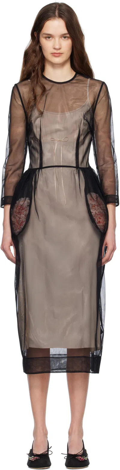 Simone Rocha Black Stuffed Carnation Pocket Midi Dress