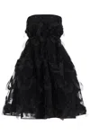 SIMONE ROCHA BLACK TULLE DRESS WITH FLORAL EMBROIDERY AND ELASTIC DRAWSTRINGS