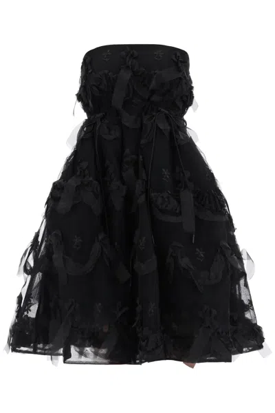 SIMONE ROCHA BLACK TULLE DRESS WITH FLORAL EMBROIDERY AND ELASTIC DRAWSTRINGS