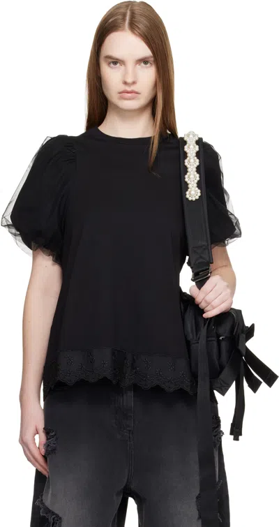 Simone Rocha Black Tulle Overlay Puff Sleeve Lace Trim T-shirt