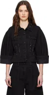 Simone Rocha Sculpted Cropped Denim Jacket W Emb In Black/jet