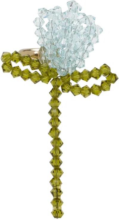 Simone Rocha Blue & Khaki Cluster Crystal Flower Single Ear Cuff In Gold
