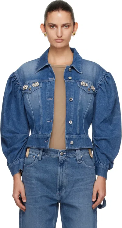 Simone Rocha Blue Embellished Sculpted Draped Sleeve Denim Jacket