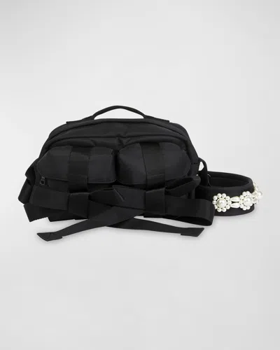 Simone Rocha Bow Zip Bum Crossbody Bag In Black Pearl