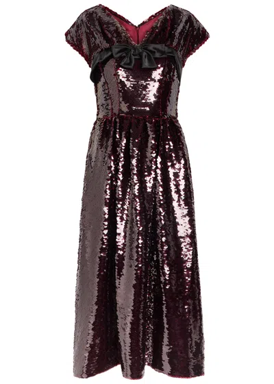 Simone Rocha Gathered Bow-detailed Sequined Midi Dress In Burgundy
