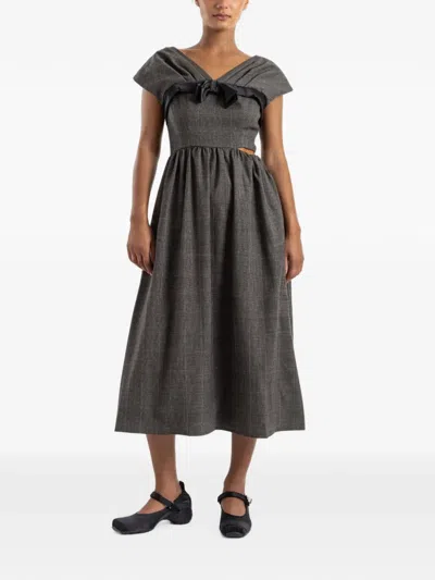 Simone Rocha Embellished Gathered Prince Of Wales Wool-blend Midi Dress In Gray