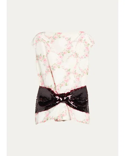 Simone Rocha Boxy Floral Satin Sequined Bow Peplum Top In White