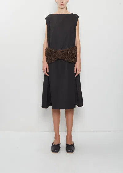 Simone Rocha Boxy Peplum Faux Fur Bow Detail Dress In Black
