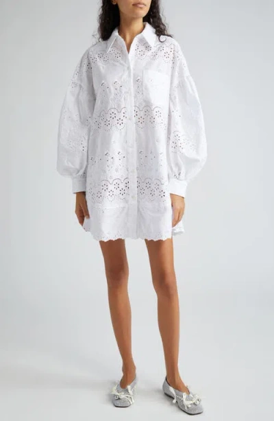 Simone Rocha Broderie Anglaise Long Sleeve Mini Shirtdress In White/white