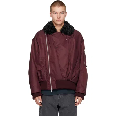 Simone Rocha Burgundy Draped Faux Fur Bomber Jacket