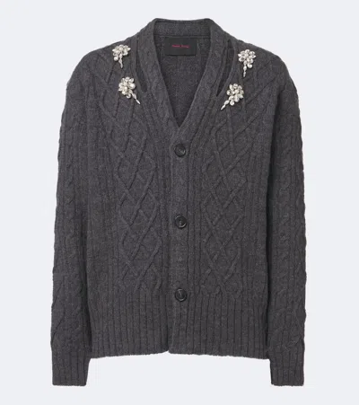 Simone Rocha Cable-knit Embellished Virgin Wool Cardigan In Grey