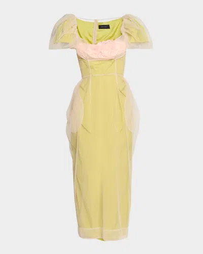 Simone Rocha Carnation Balconette Bustier Layered Midi Dress In Matcha Nude