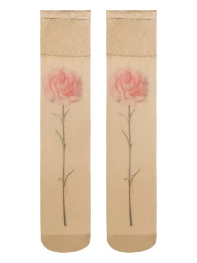 Simone Rocha Carnation-print Sheer Socks In Brown
