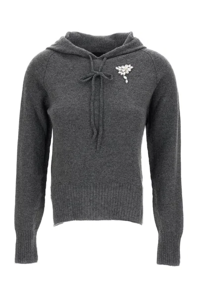 Simone Rocha Cashmere Hoodie With Pearl And Crystal Embroidery In Gray