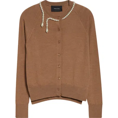 Simone Rocha Classic Faux Pearl Merino Wool & Silk Cardigan In Brown