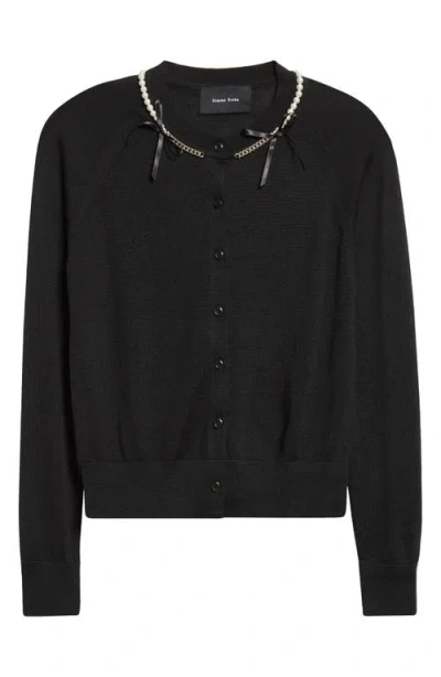 Simone Rocha Classic Long Sleeve Merino Wool & Silk Cardigan With Faux Pearl Detail In Black