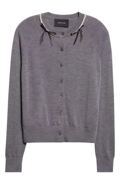 Simone Rocha Classic Long Sleeve Merino Wool & Silk Cardigan With Faux Pearl Detail In Purple