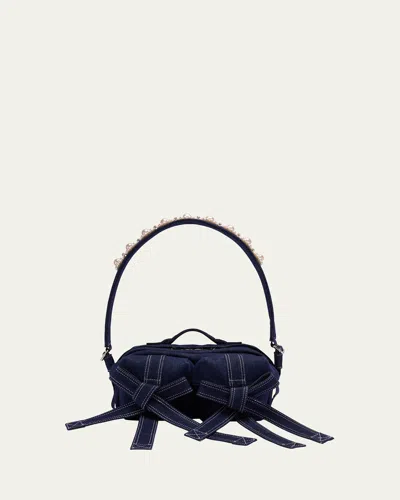 Simone Rocha Classic Pearly-embellished Bow Denim Shoulder Bag In Indigo/pearl