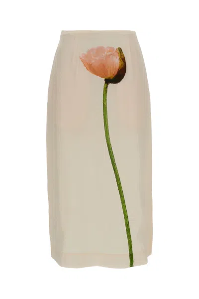 Simone Rocha Cream Poppy Motif Satin Pencil Skirt In Multi
