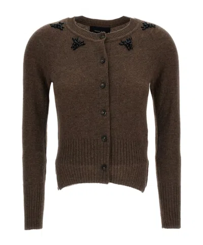 Simone Rocha Cropped Cardigan With Embroidered Crystals In Brown