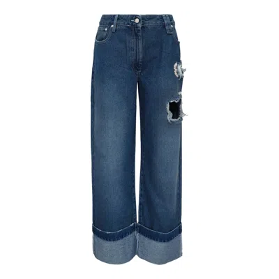 Simone Rocha Cropped Distressed Straight Leg Jeans In Blue