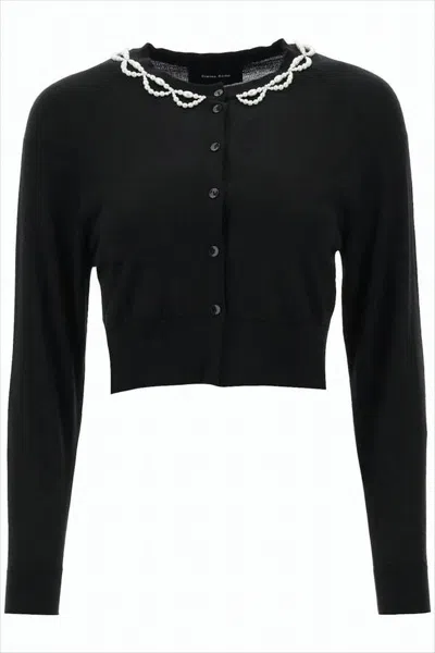 Simone Rocha Cropped Fitted Cardigan With Pearl-embellished Neckline In Black