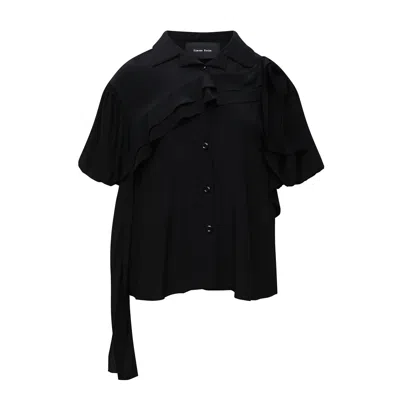 Simone Rocha Cropped Puff Sleeve Bow Sash Shirt In Black