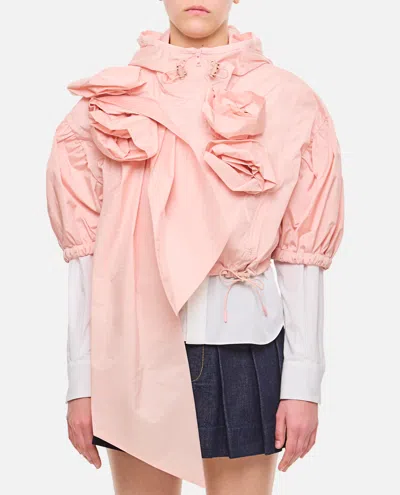 Simone Rocha Cropped Puff Sleeve Jacket W/ Turbo Pressed Roses In Pink