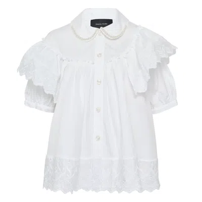 Simone Rocha Cropped Puff Sleeve Ruffle Blouse In White