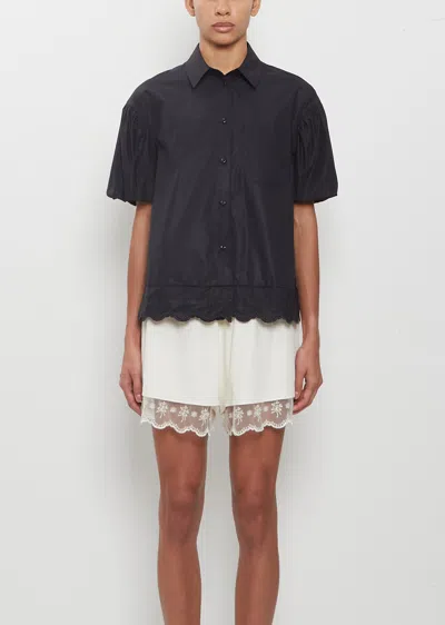 Simone Rocha Cropped Pull Sleeve Lace Trim Shirt In Black