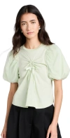 SIMONE ROCHA CROPPED RUCHED BOW T-SHIRT WITH TULLE OVERLAY SLEEVE MINT