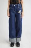 Simone Rocha Crystal Carnation High Waist Cuffed Carpenter Boyfriend Jeans