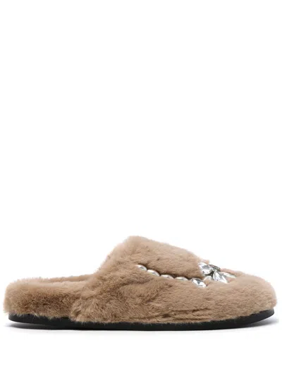 Simone Rocha Crystal-embellished Faux Fur Slippers In Nude