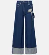 Simone Rocha Crystal Carnation High Waist Cuffed Carpenter Boyfriend Jeans In Blau