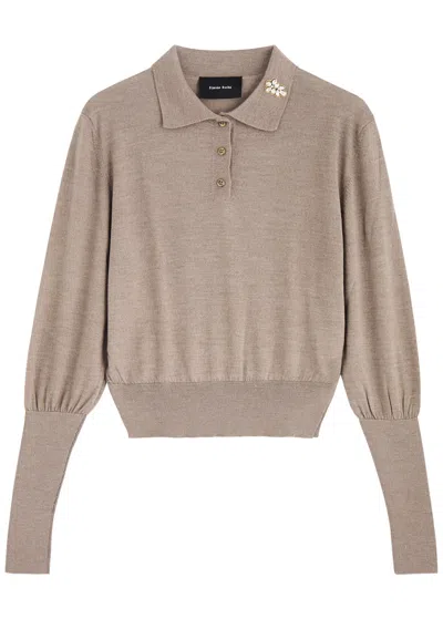 Simone Rocha Crystal-embellished Wool-blend Polo Jumper In Clay/clear