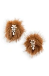 Simone Rocha Flower Pompom Earrings -  - Fake Fur - Brown In Brown/crystal