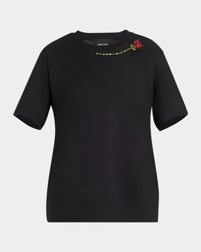 Simone Rocha Crystal Rose Embellished Boyfrined T-shirt In Black Red Multi