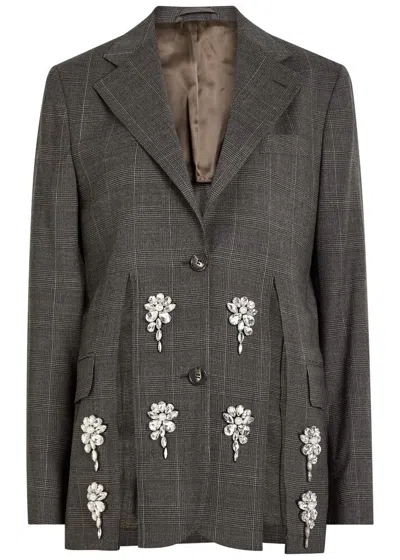 Simone Rocha Crystal-embellished Checked Stretch-wool Blazer In Dark Brown