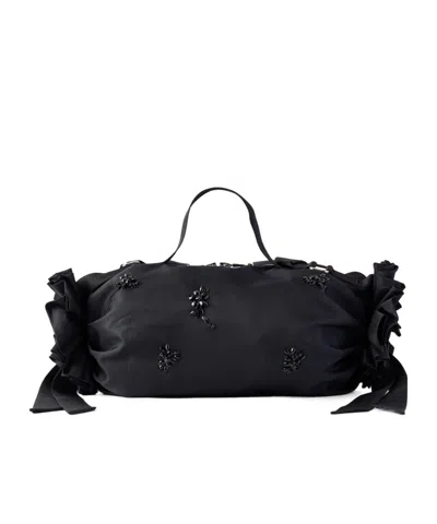 Simone Rocha Double Ribbon Rosette Crystal-embellished Satin Shoulder Bag In Black